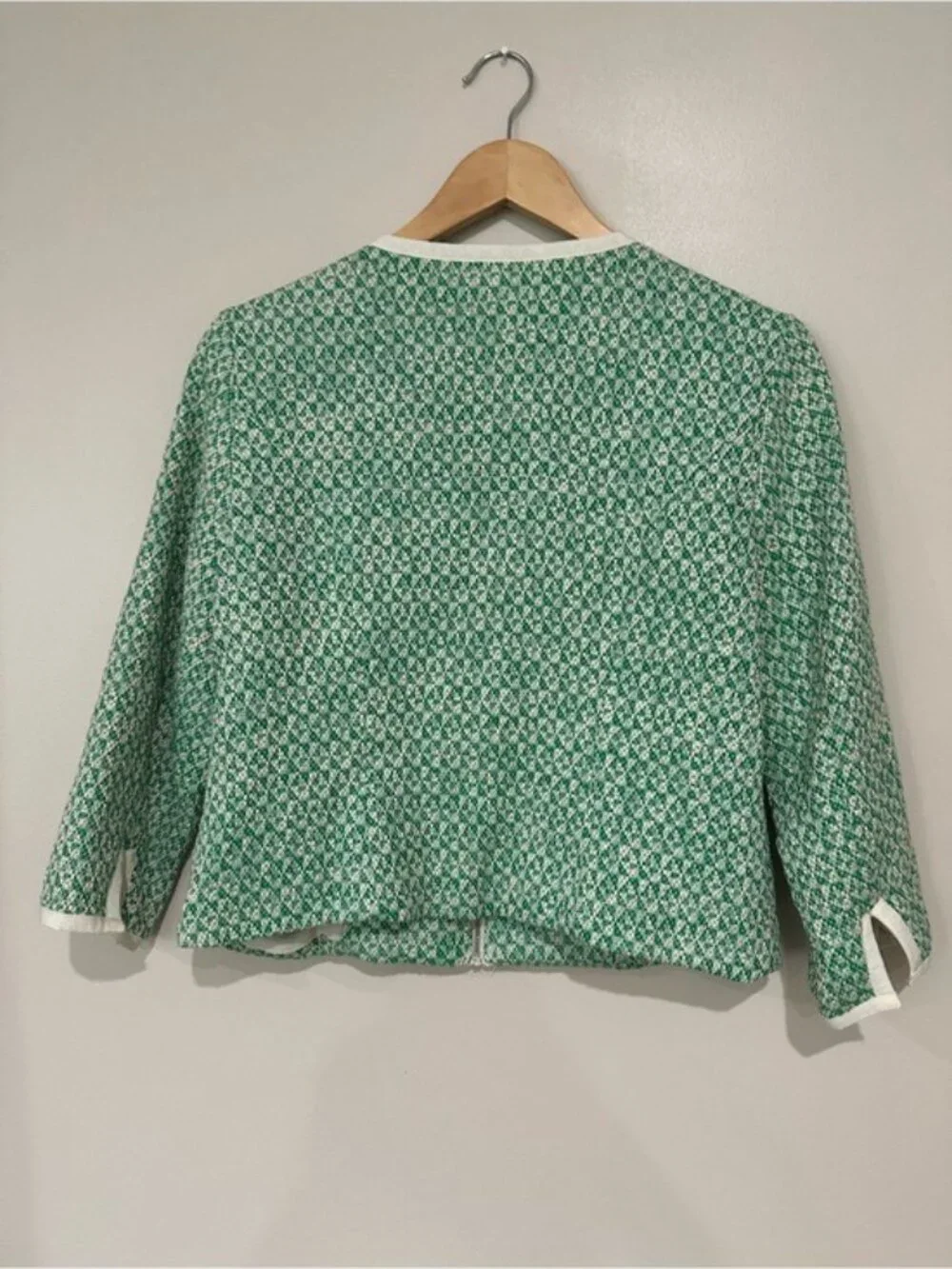 CAbi Clover Tweed Jacket Green White Zip Front Blazer Size 6 Style 726